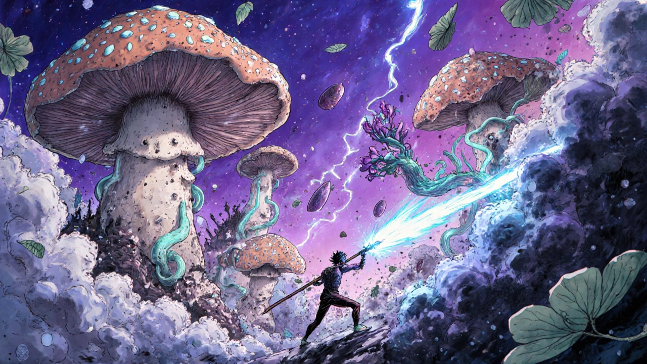 A brain battlefield with Lion’s Mane mushrooms and Rhodiola spear fighting mental fog.