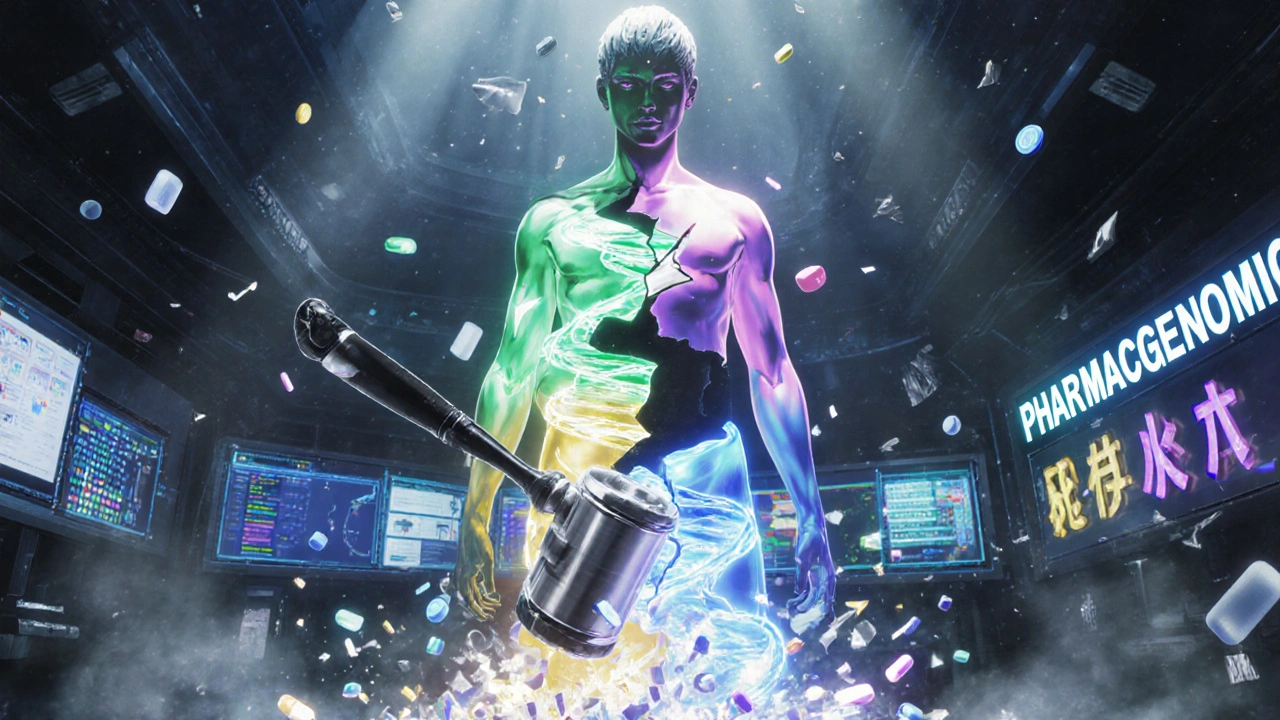 A DNA strand splitting into four metabolic archetypes as a giant enzyme hammer smashes a codeine pill.