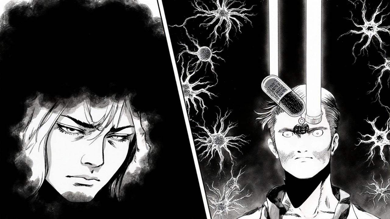 A person battling mental fog with a glowing Bacopa capsule emitting light beams.