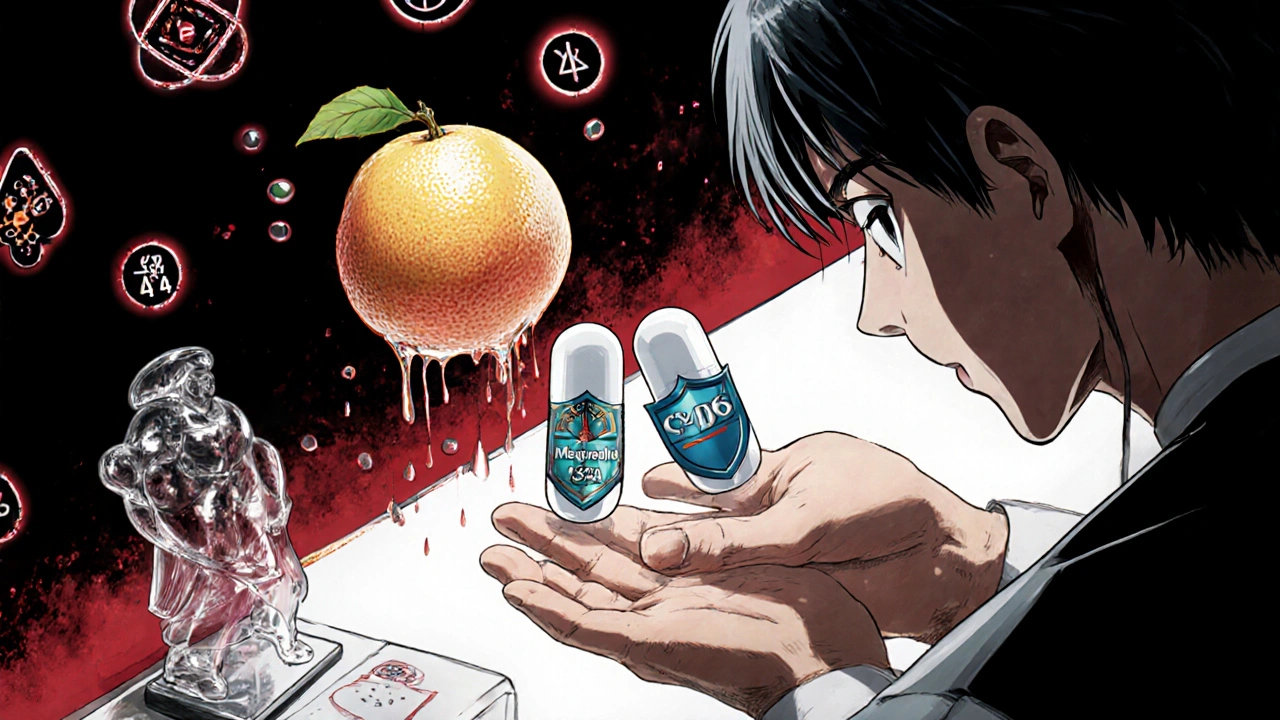 A pharmacist&#039;s hands giving pills that transform into warring warriors, with grapefruit juice corroding an enzyme statue.