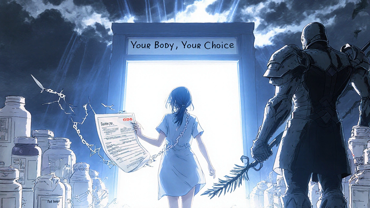 A woman walks toward a radiant doorway as shattered pill bottles break behind her, her shadow transforms into an armored figure.