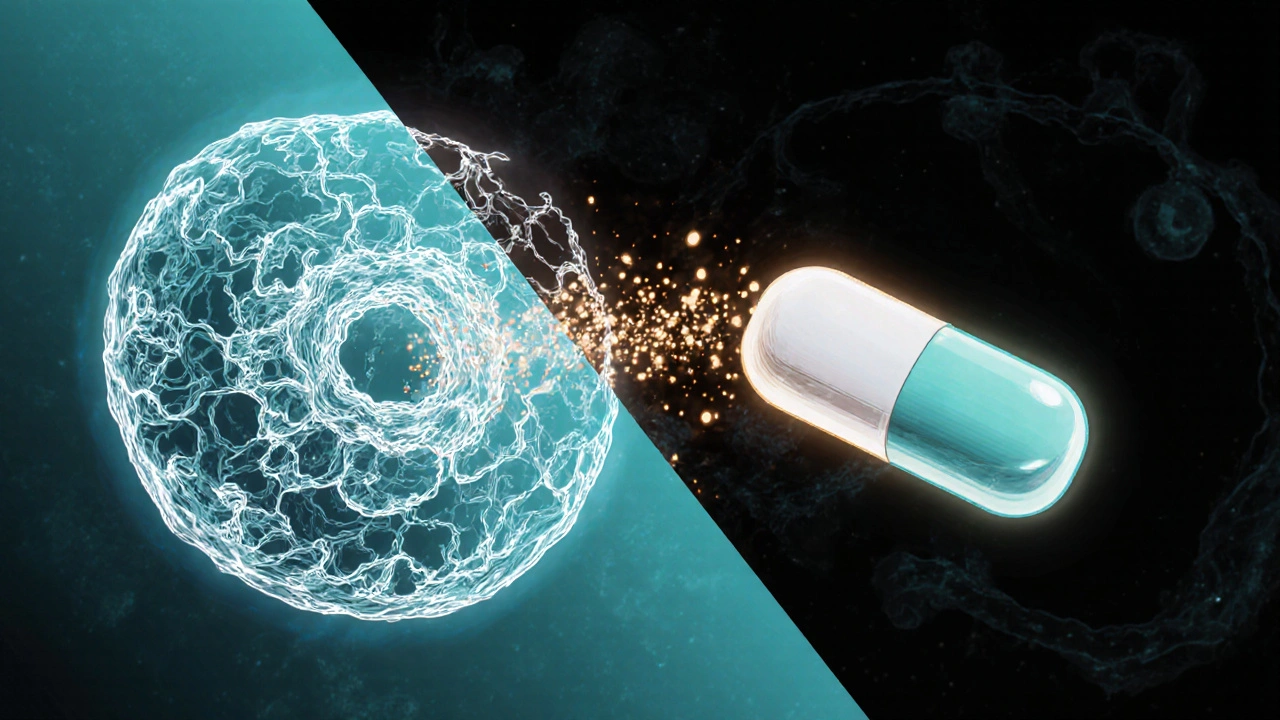 Animated view of Azithromycin DT tablet releasing particles that bind bacterial ribosome.