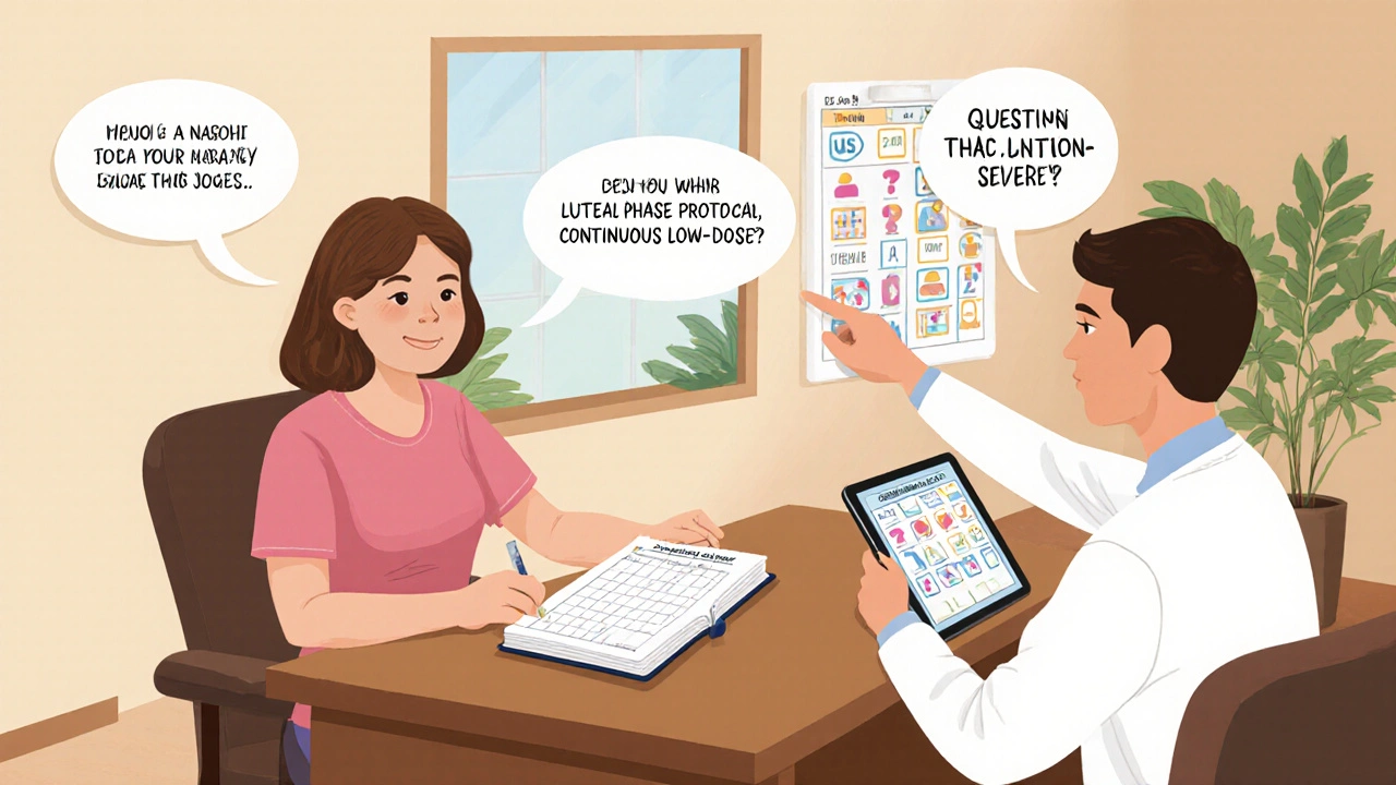 Cartoon doctor and patient discussing a mood diary and dosage schedule for dydrogesterone.