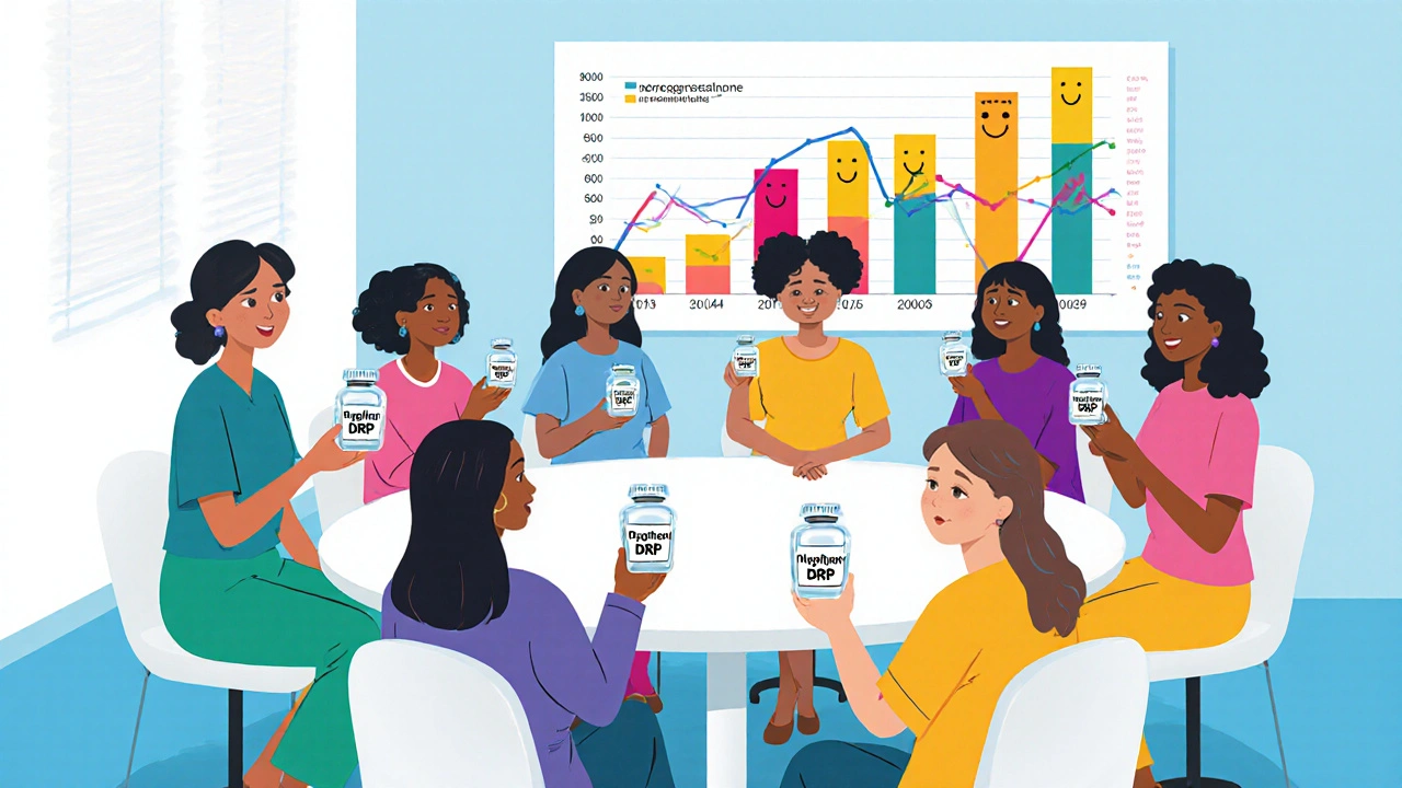 Cartoon scene of women in a clinic holding dydrogesterone pills with a chart of symptom improvement.