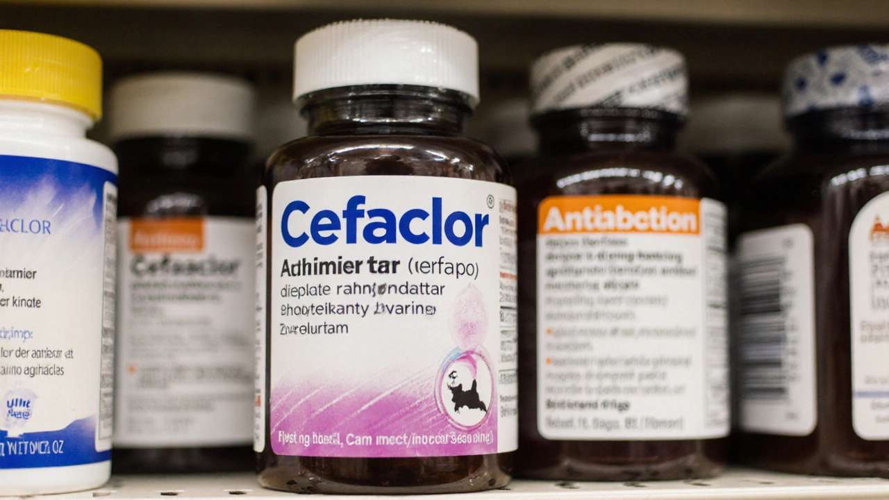 Cefaclor bottle alongside other antibiotics on a pharmacy shelf, highlighting its role in ear infections.
