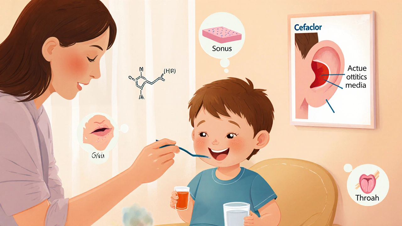 Child taking liquid cefaclor for ear infection with mother.