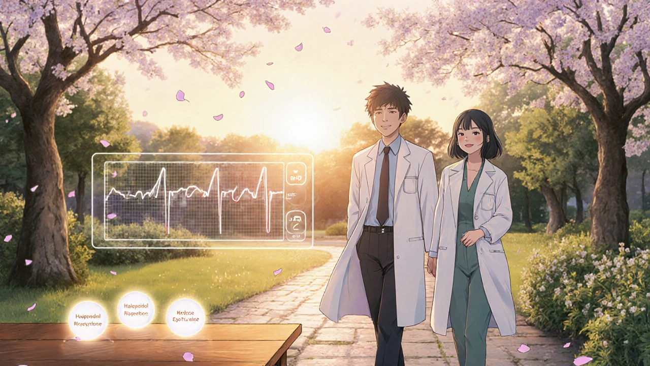 Clinician and patient walking outdoors at sunrise with glowing medication orbs and a normal ECG readout.