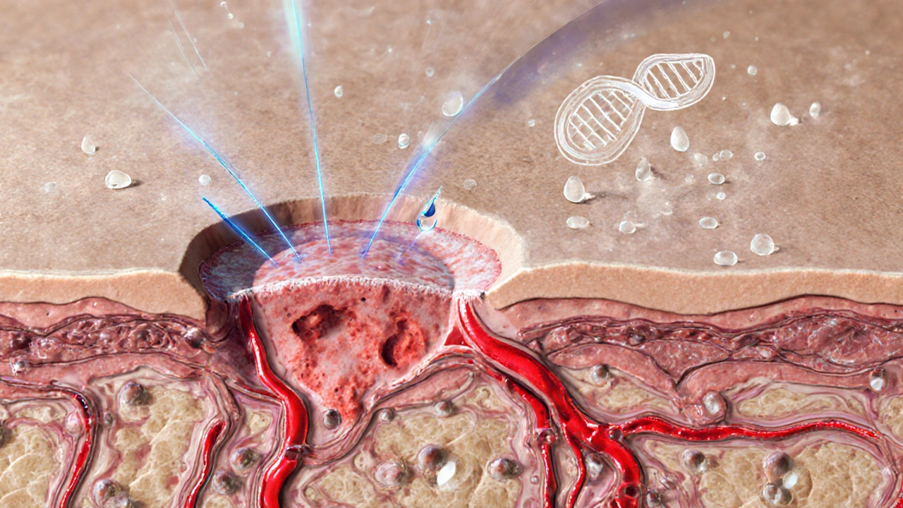 Cross‑section illustration of skin showing dilated blood vessels and evaporating moisture under UV light.