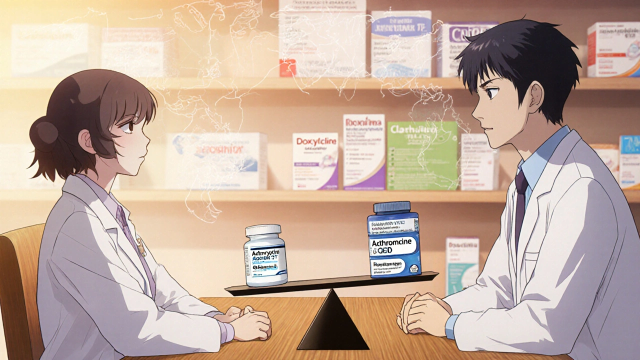 Doctor and patient discuss antibiotics as a balance scale compares Azithromycin DT to other drugs.