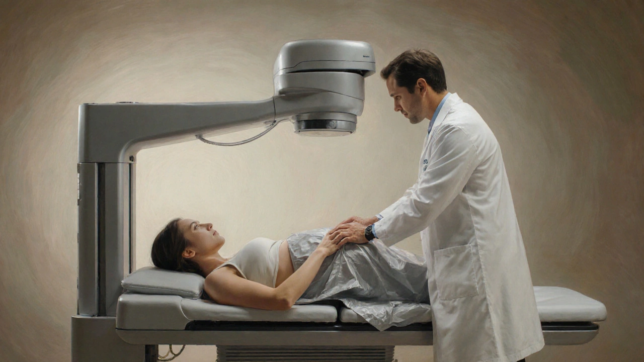 Doctor placing a lead shield on a pregnant patient during a DEXA bone density scan.