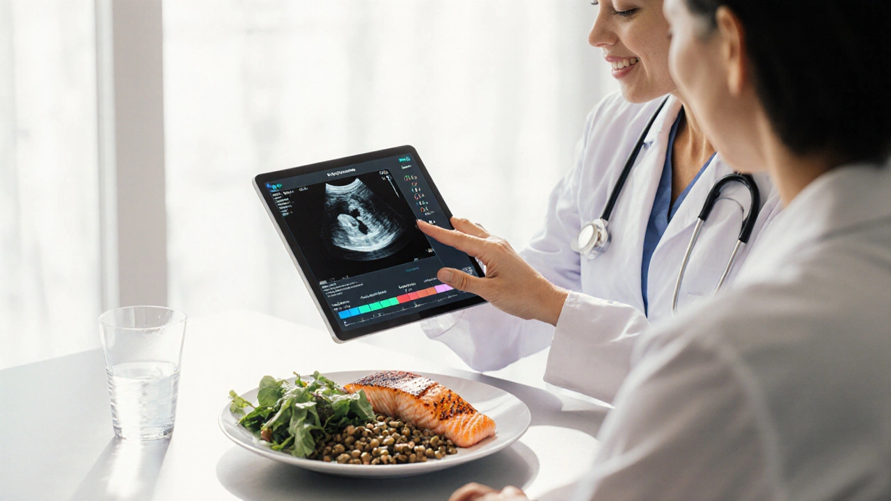Doctor reviewing ultrasound and blood tests with patient beside a balanced meal plate.