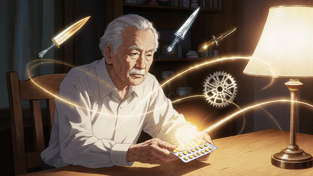 Elderly patient holding Levodopa capsules with light ribbons representing dopamine balance.