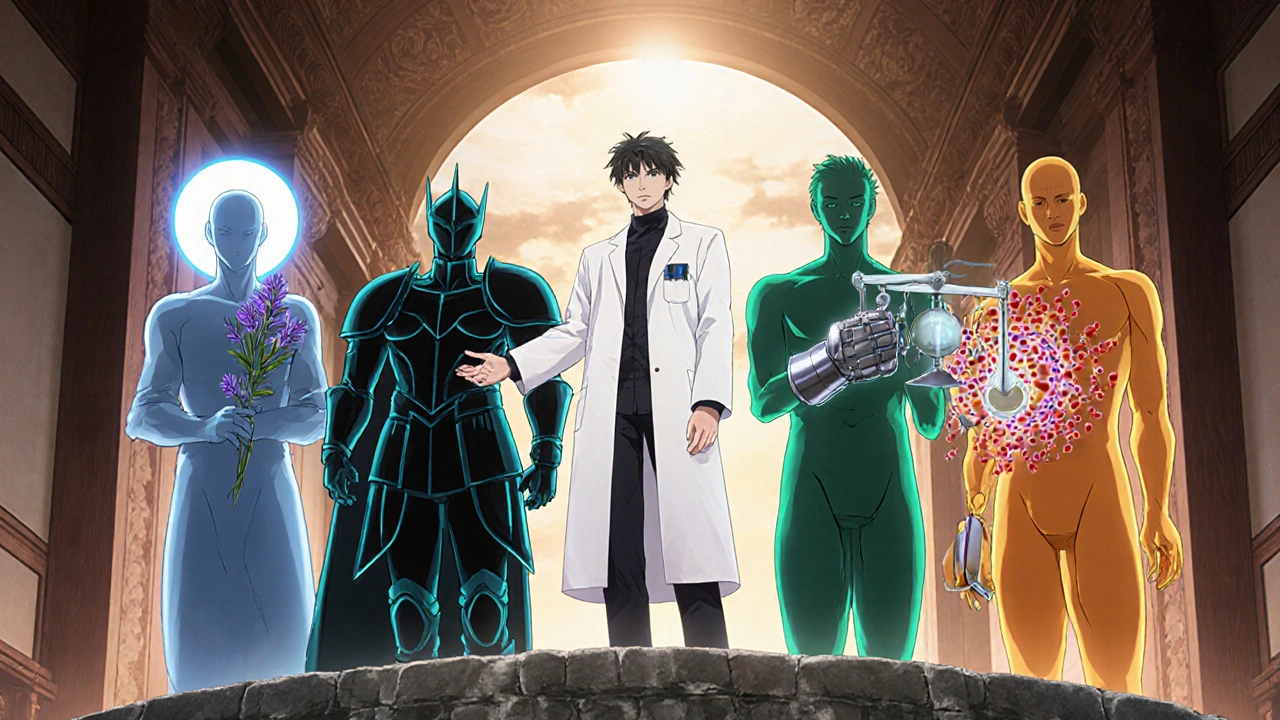 Group of five stylized characters personifying different antipsychotic drugs standing before a clinician.