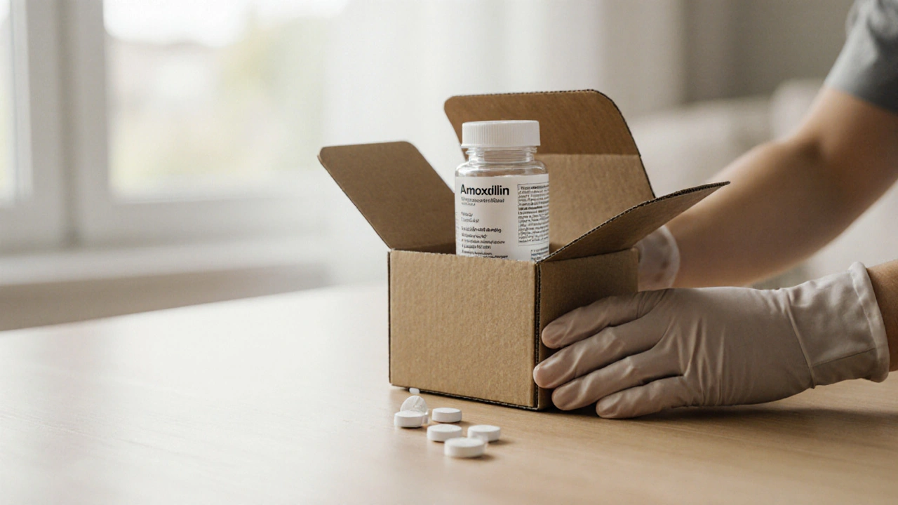 Hands opening package showing bottle of generic amoxicillin tablets.