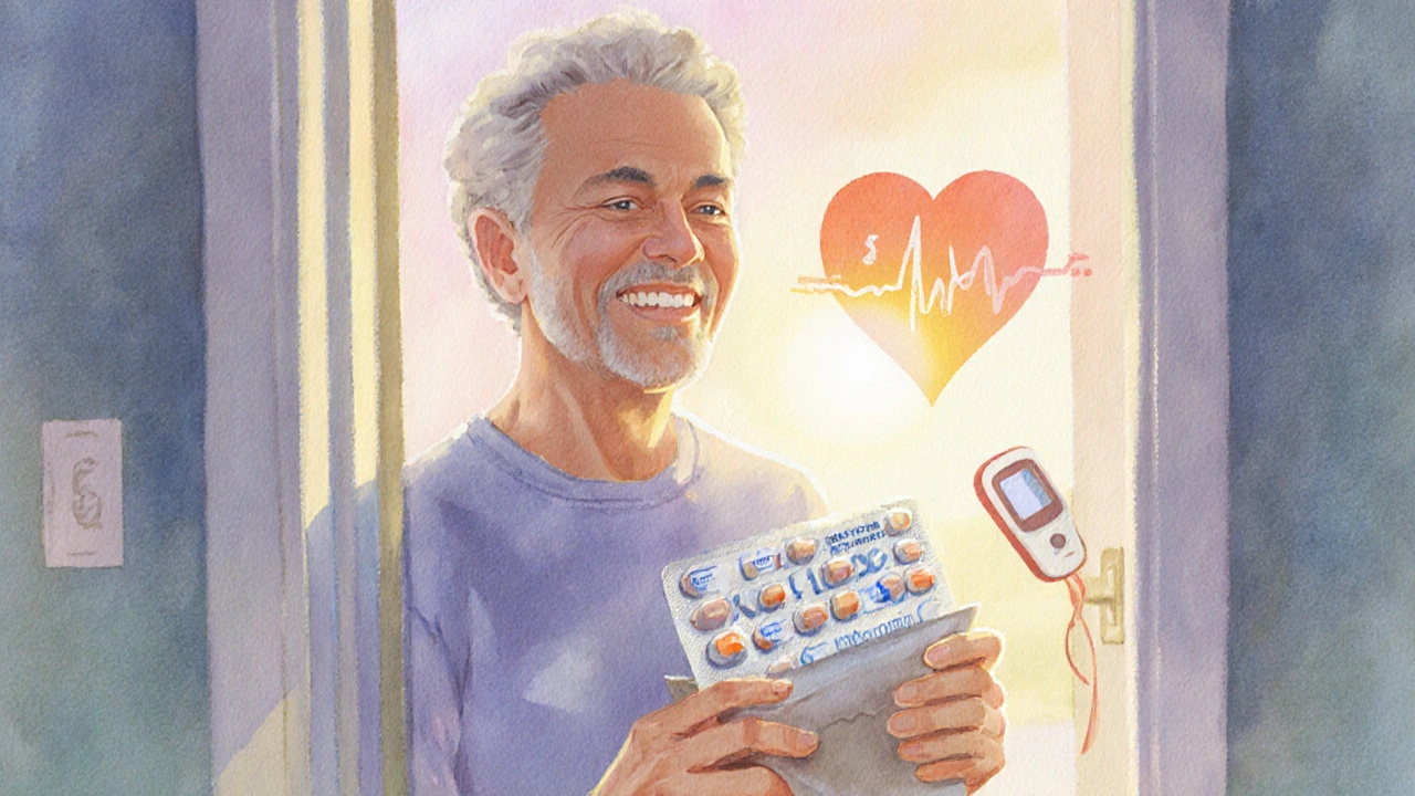 Happy adult opening a package of metformin pills with sunrise light.