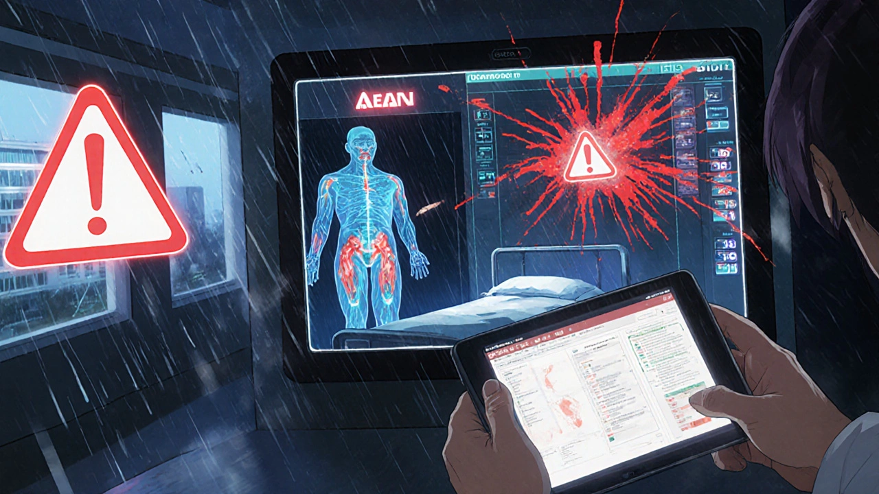Hospital EHR screen with red alerts, resident shocked at overdose warning, holographic patient showing fat and drug concentration layers.
