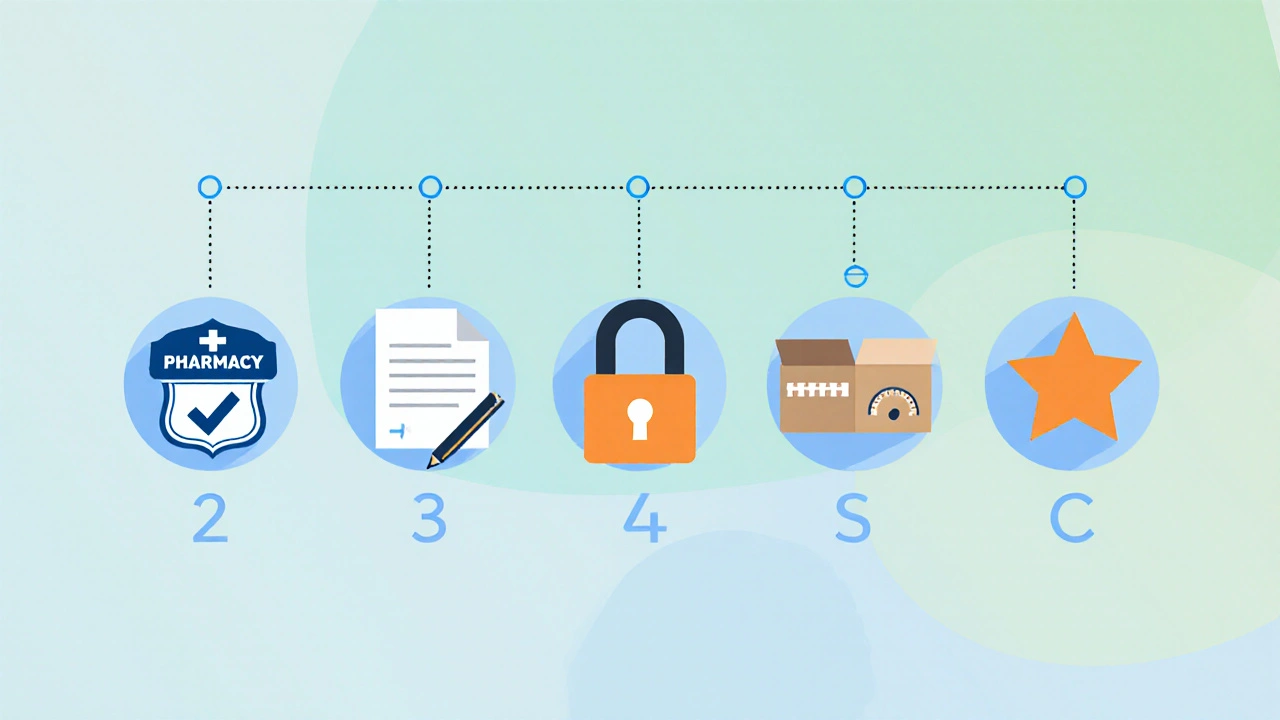 Illustrated checklist icons for pharmacy verification steps.