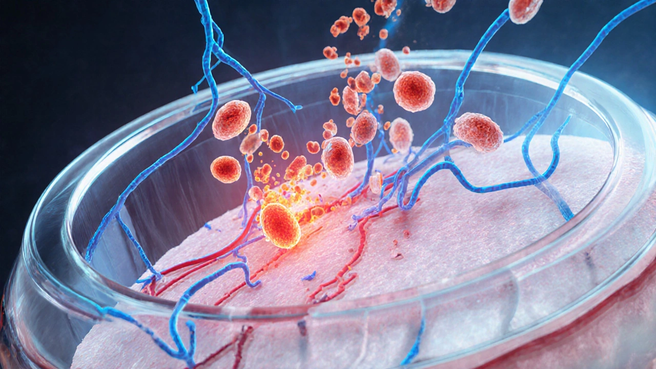 Illustrated view of mast cells releasing histamine on the eye surface.