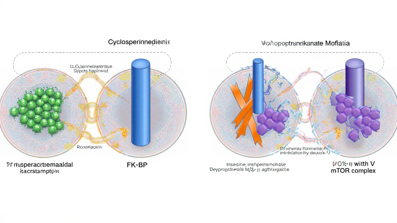 Illustration of T‑cell signaling blocked by cyclosporine, tacrolimus, MMF, and sirolimus.