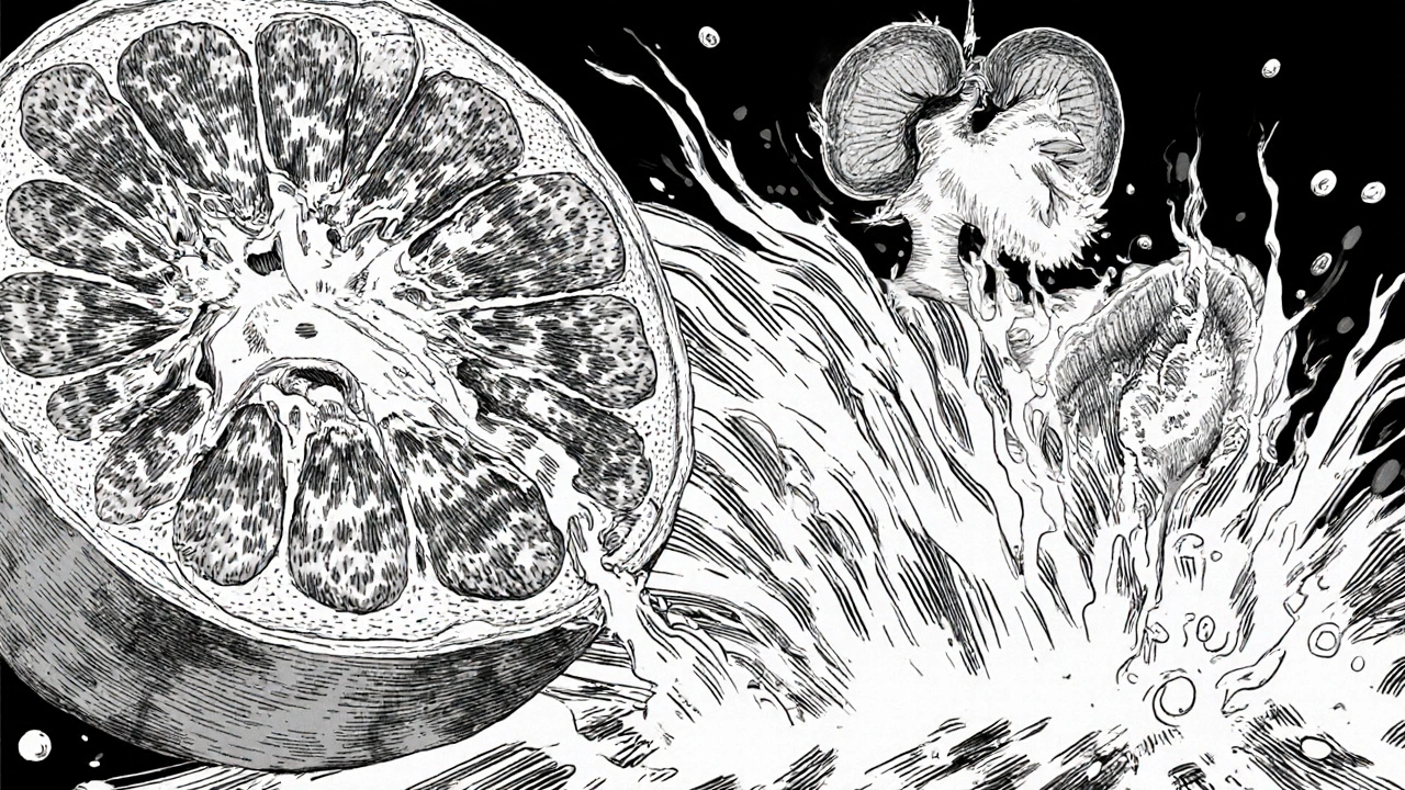 Kidney cross‑section shows distal tubule blockade and blood flow reducing pressure.