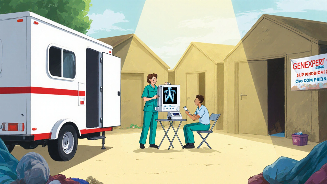 Mobile clinic beside a shelter, staff using X‑ray and sputum kits with residents.