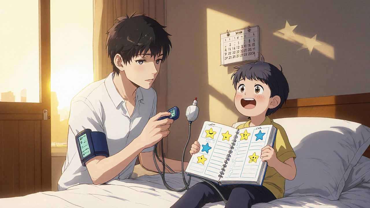 Parent checks blood pressure and records sleep diary beside smiling child.