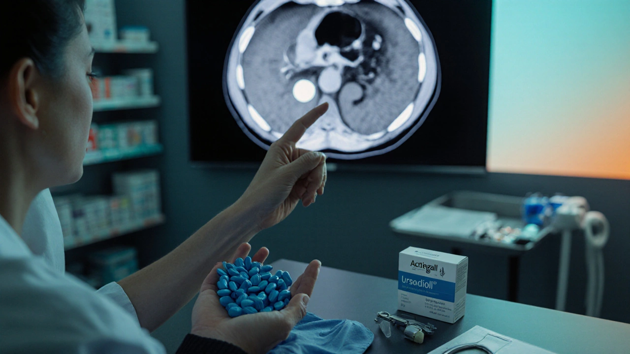Patient and doctor reviewing MRI scan, choosing between pills and surgical tool.