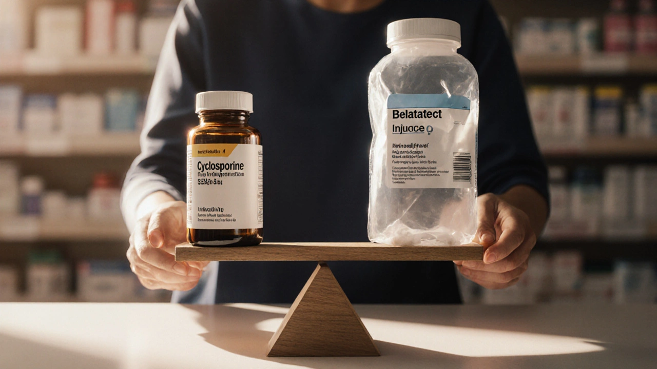 Patient balancing a cheap cyclosporine bottle against an expensive belatacept bag on a scale.