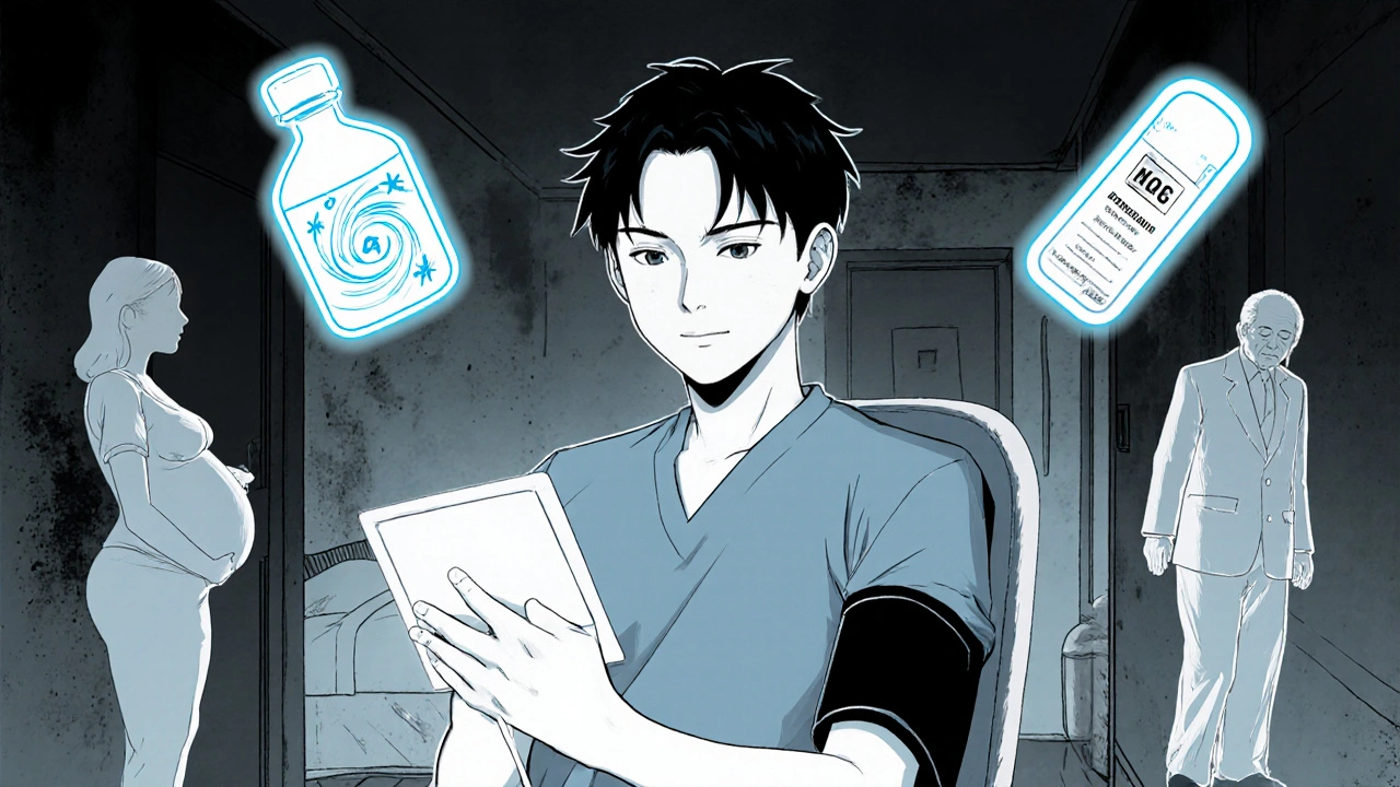 Patient checks blood pressure surrounded by lab vial, potassium pill, and silhouettes of vulnerable groups.