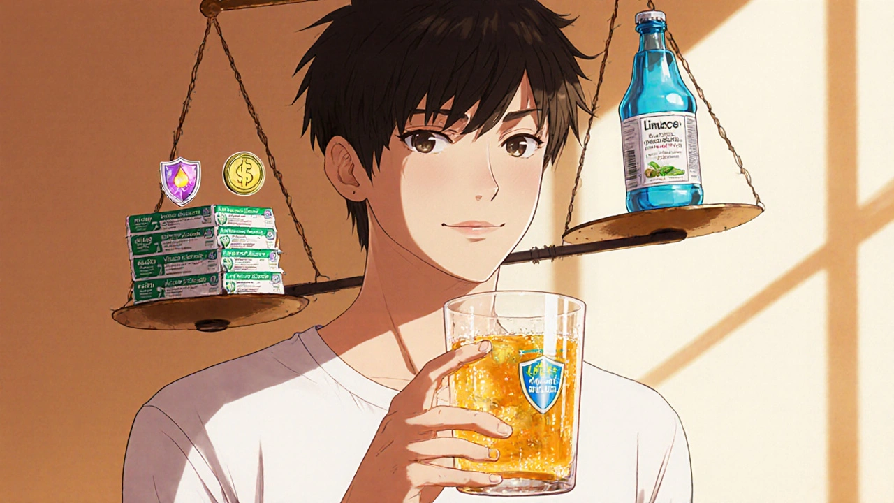 Person holding a vitamin C drink, contemplating health and cost.