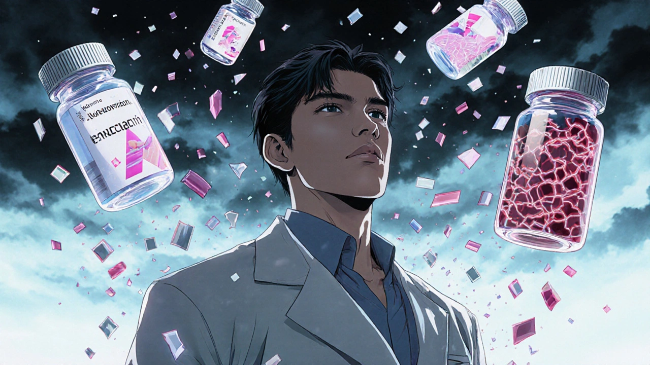 Pharmacist surrounded by shattered drug vials representing different dosing outcomes across body types, glowing blood vessels indicating therapeutic levels.