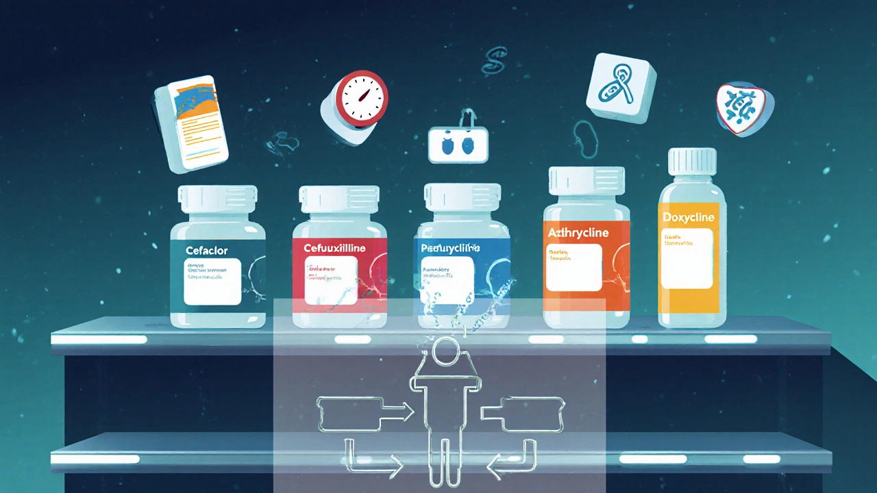Pharmacy shelf showing five antibiotics with attribute icons.