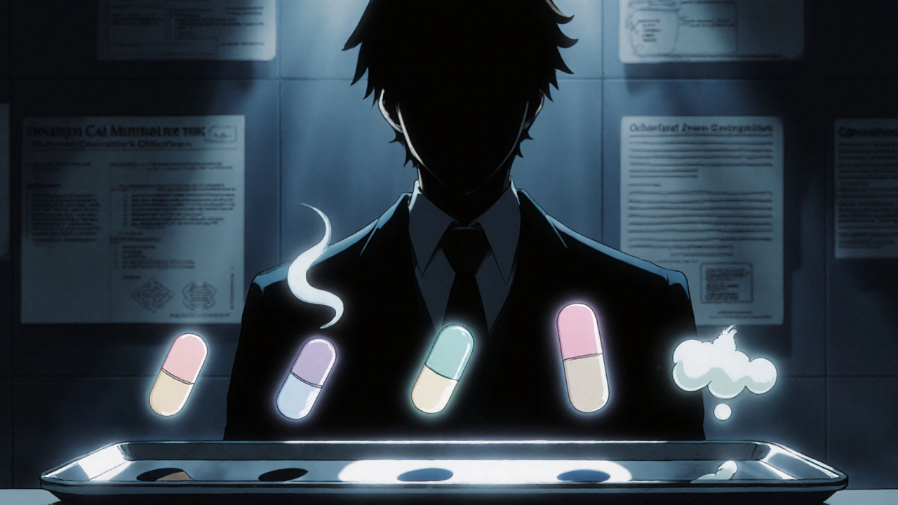 Physician observing a lineup of pill capsules with subtle aura hints of side effects.
