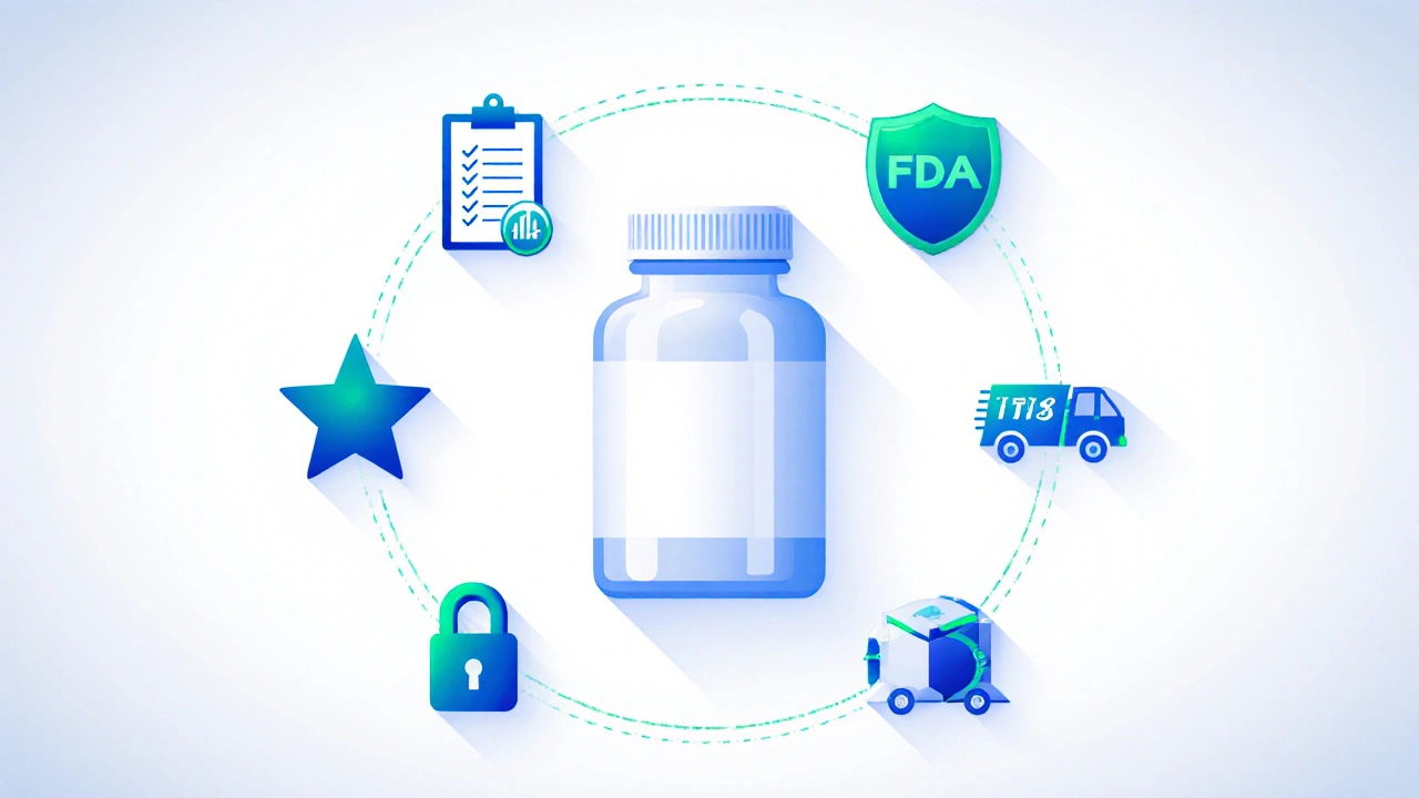 Pill bottle surrounded by icons for prescription, FDA, accreditation, security, and shipping.