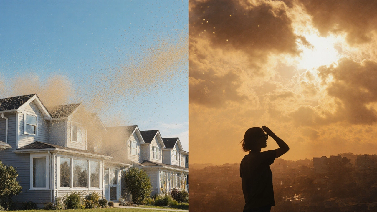Split scene showing pollen clouds over a neighborhood and a warmer climate.