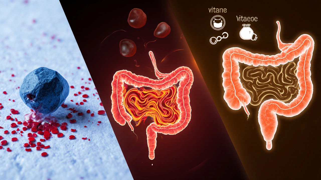 Split‑scene showing ulcer bleeding, hemolysis, and nutrient malabsorption linked to gallstones.