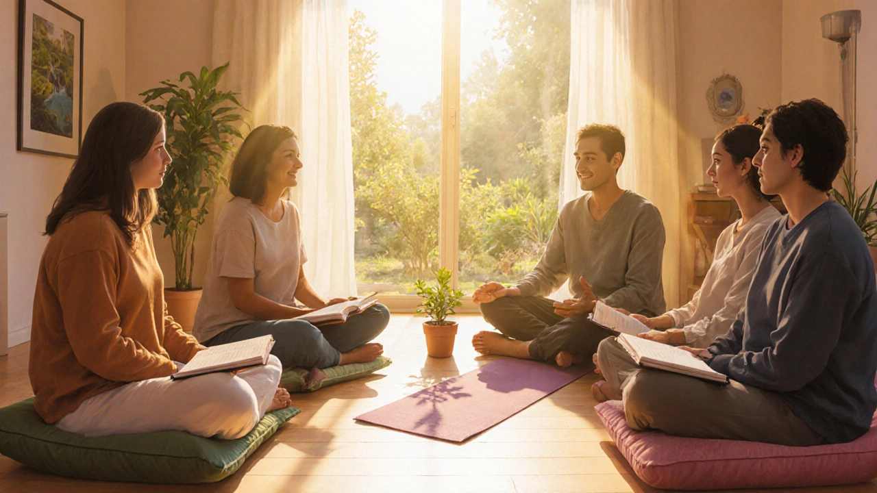 Support group in a cozy room practicing mindfulness, journaling, and gentle exercise.