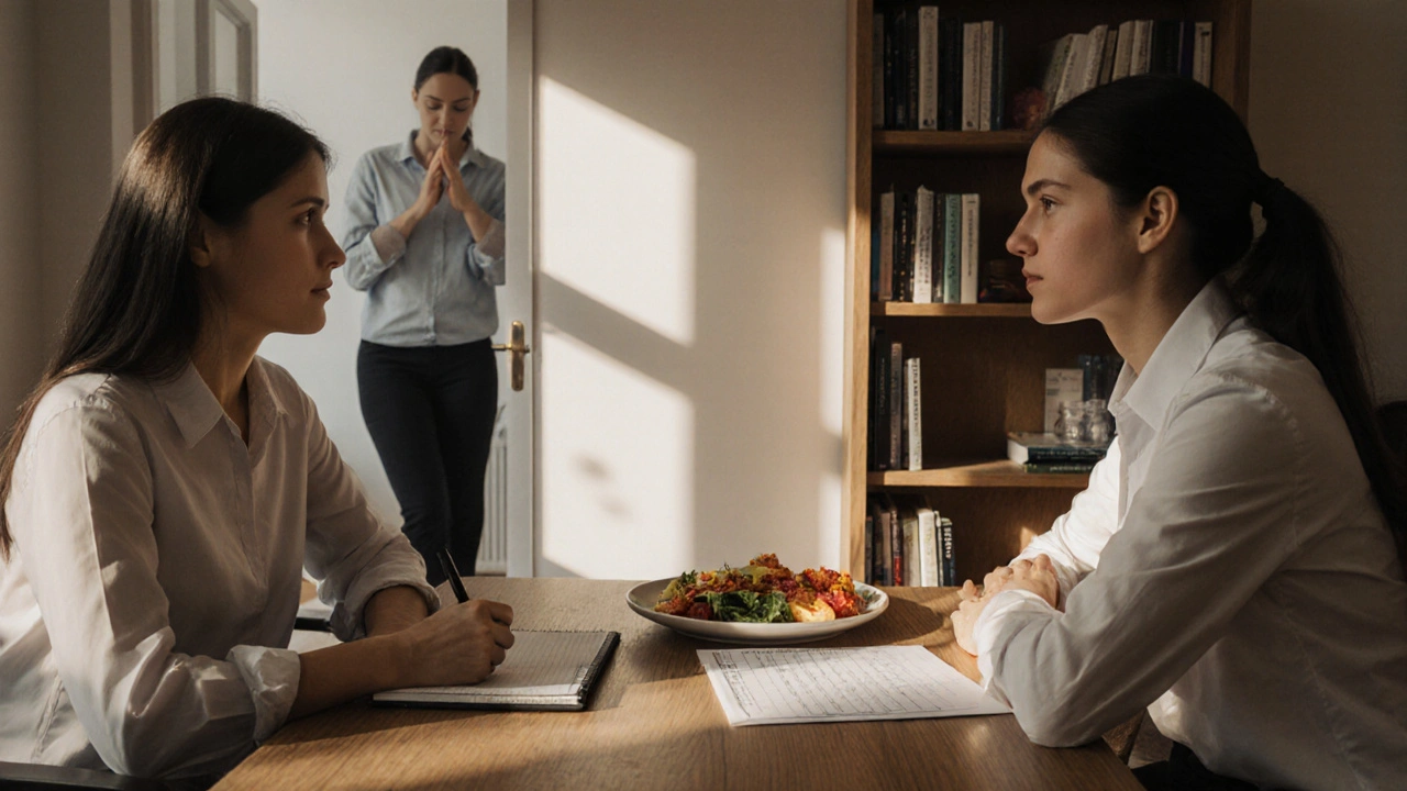 Therapist and client discussing CBT worksheet with nutrition counselor’s meal plate nearby.