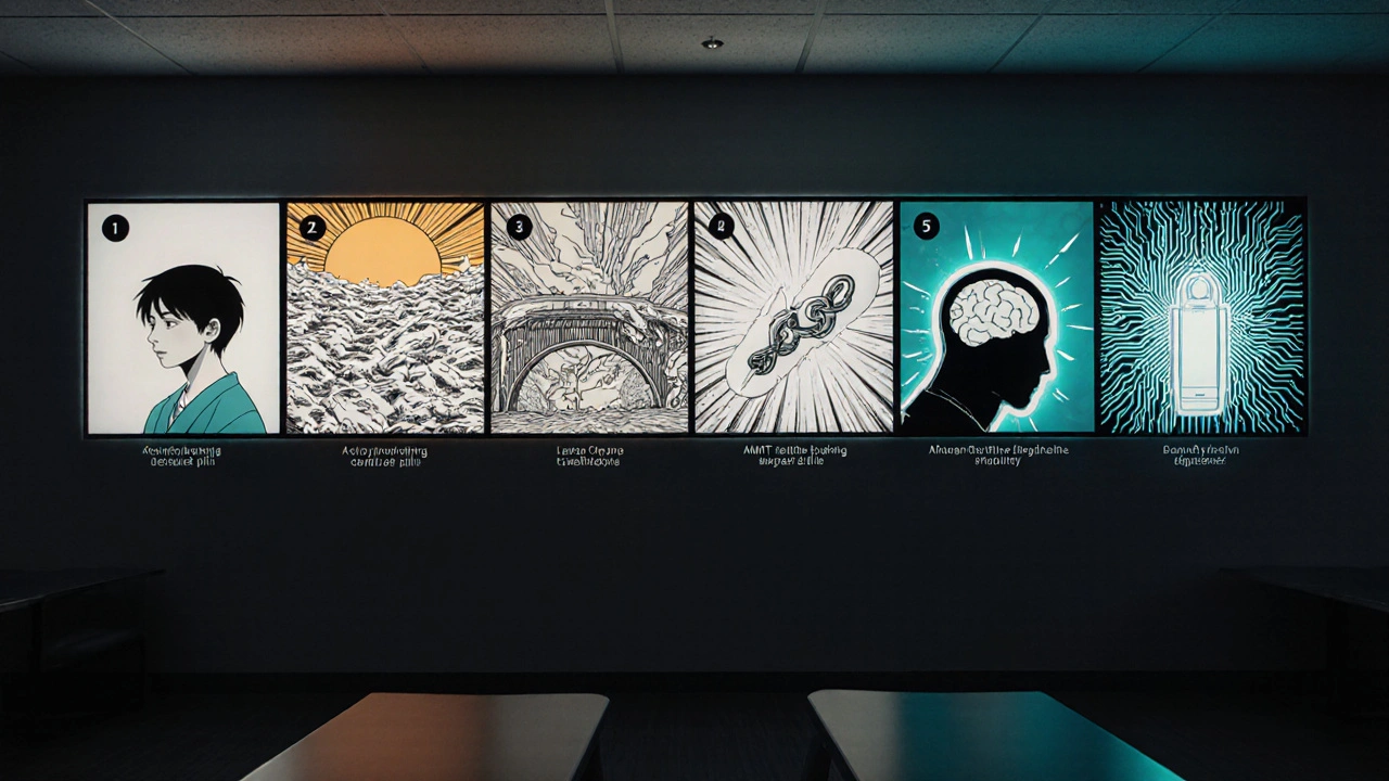 Timeline mural of Parkinson's treatment stages ending with deep brain stimulation.