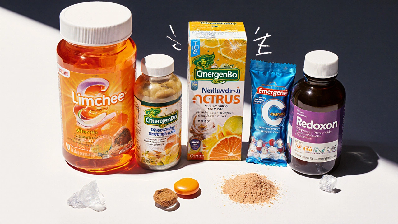 Variety of vitamin C supplements displayed on a table.