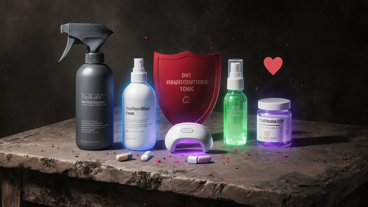 Various hair‑loss treatments displayed with glowing auras indicating their action.