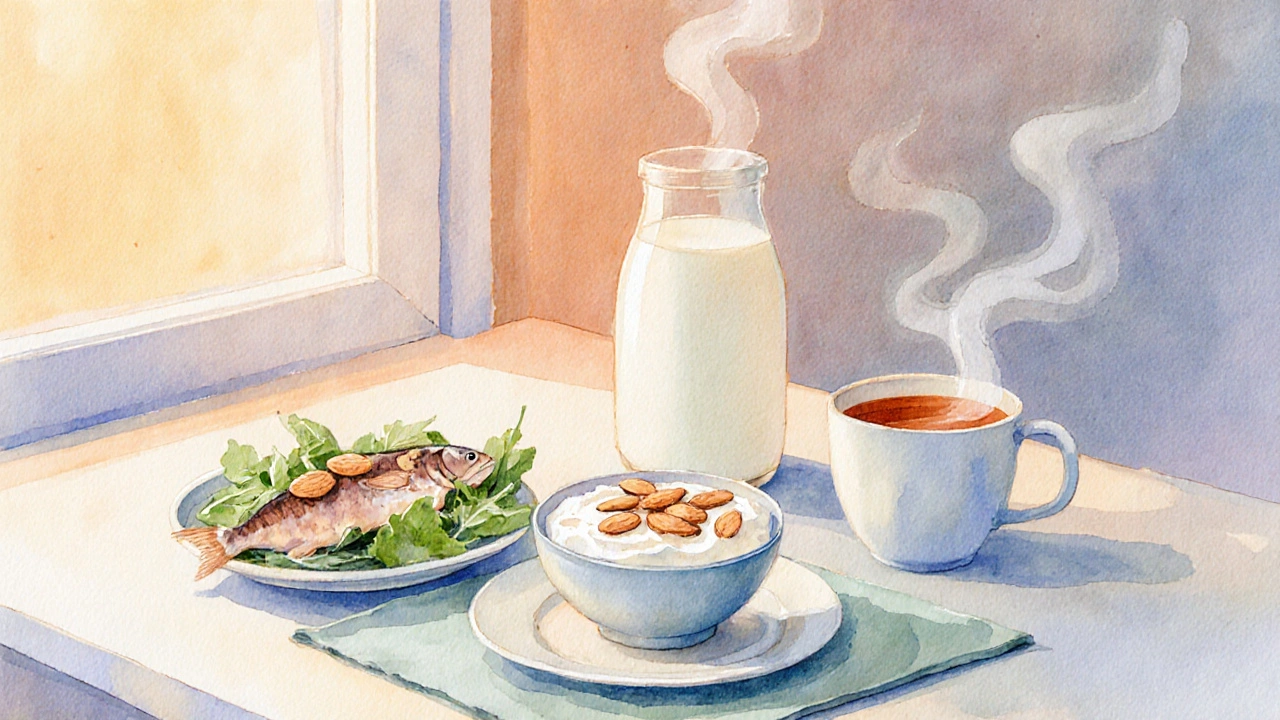 Watercolor kitchen scene with dairy, fortified milk, sardines, and greens for prenatal calcium.