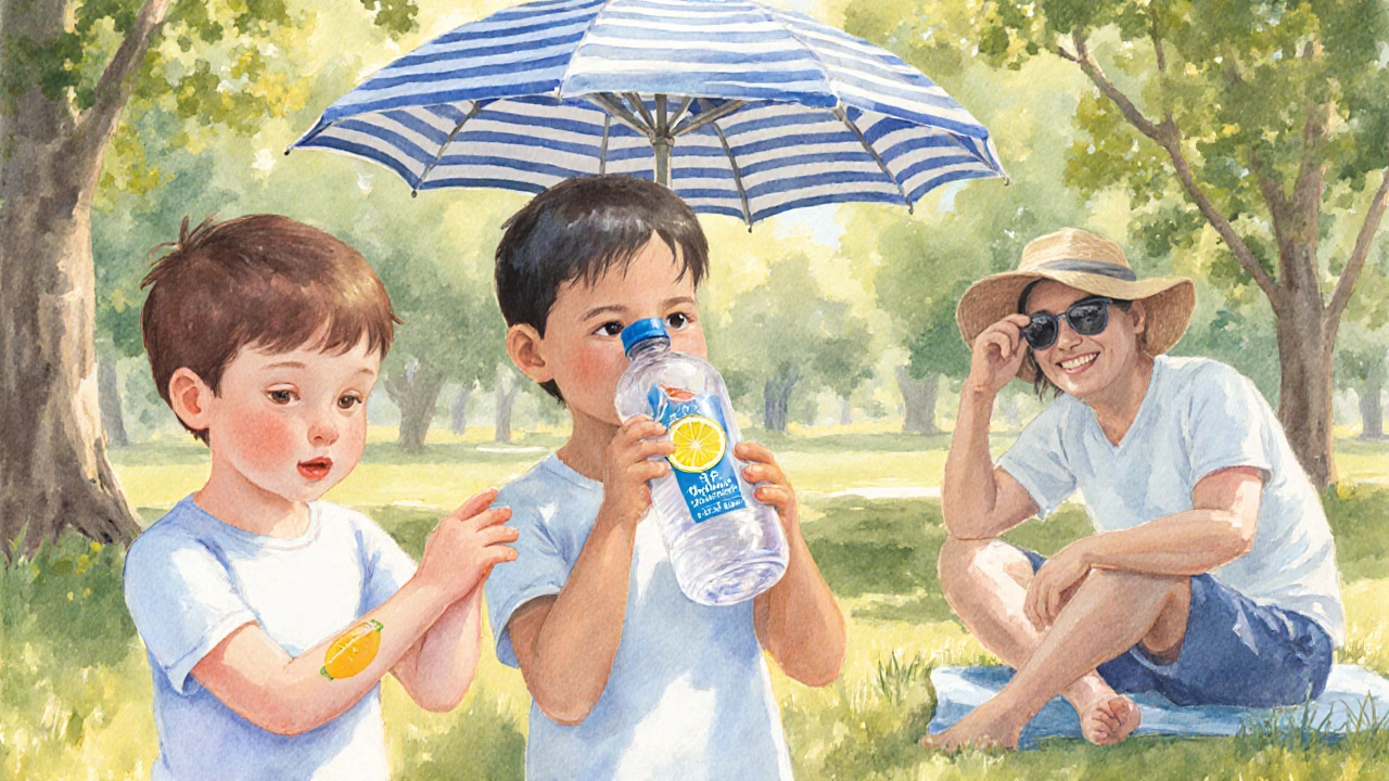 Watercolor of a family applying sunscreen, drinking electrolyte water, and resting in shade.