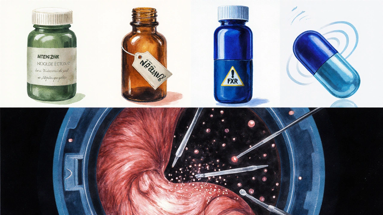 Watercolor panels showing generic ursodiol, CDCA, OCA pills and laparoscopic surgery scene.