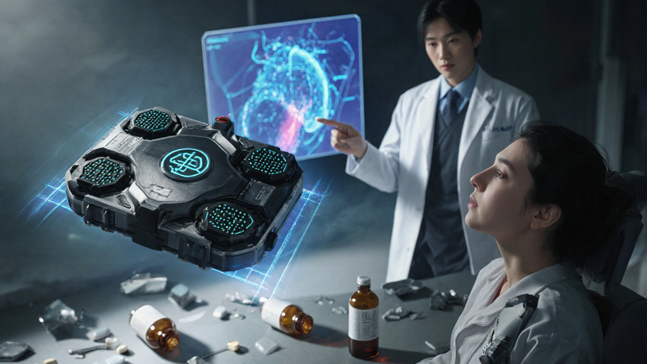 A biomechanical TENS device hovers over a patient, with holographic pain pathways and shattered opioid bottles nearby.