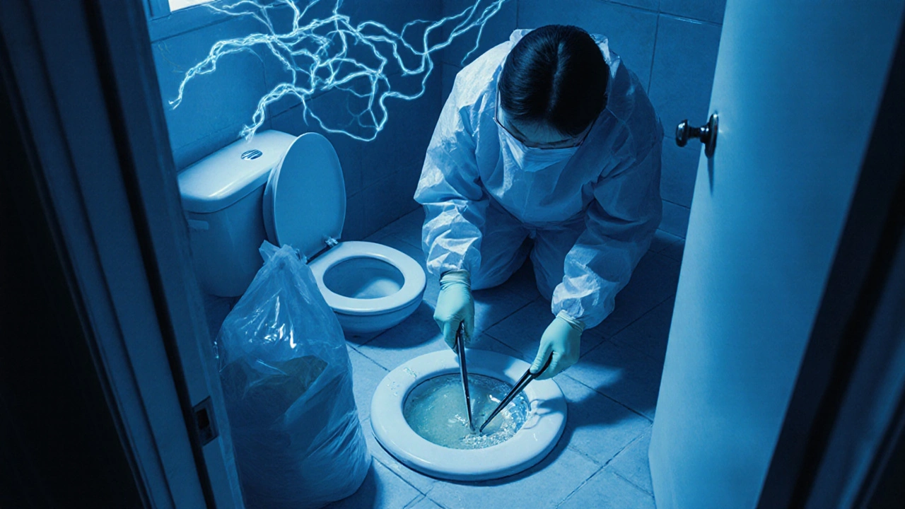 A caregiver cleaning a chemotherapy spill with protective tools in a bathroom.