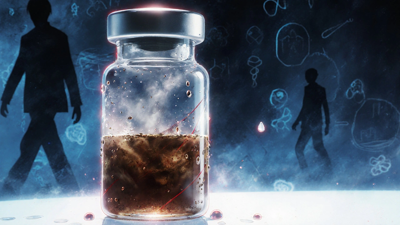 A darkening insulin vial with swirling toxic particles and condensation.