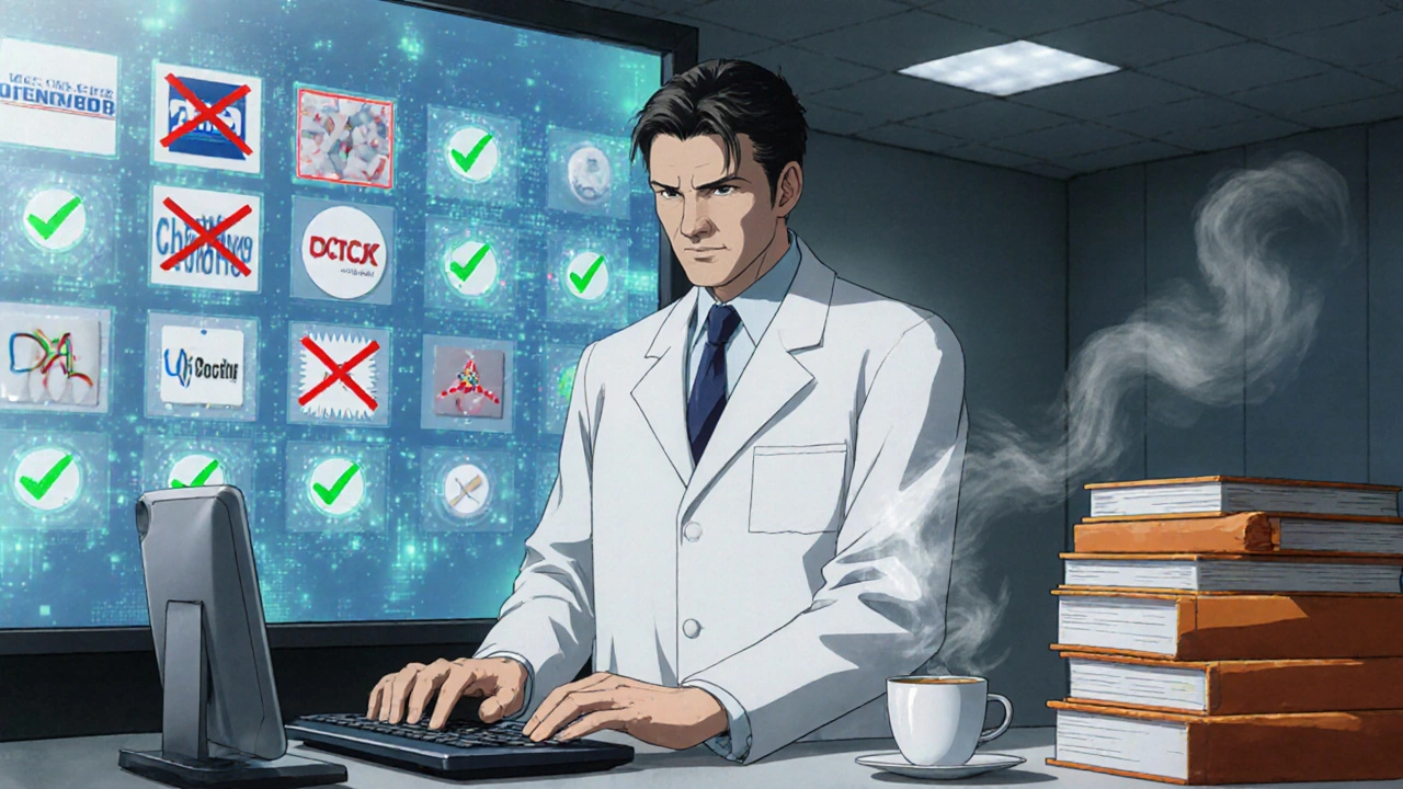 A doctor faces a digital formulary screen, brand drugs marked with red X&#039;s as generics flood the display in green.