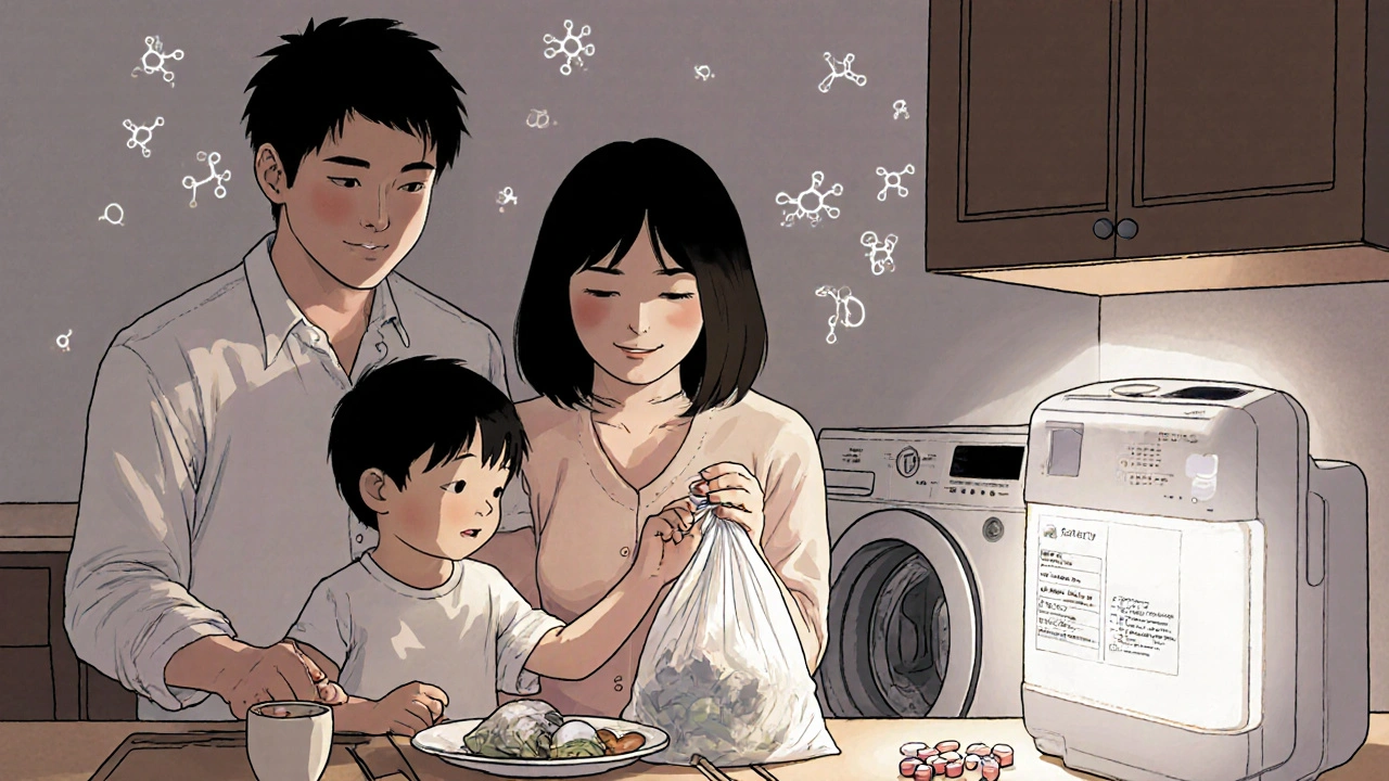 A family sharing a meal while chemotherapy safety measures are observed at home.