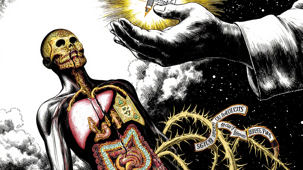 A fractured human body glows with organs representing diabetes treatments, with two paths above.